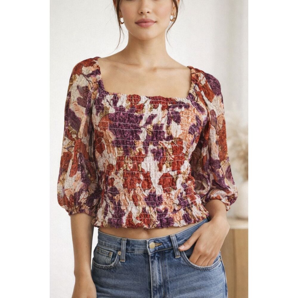 Old Navy Large Women's Boho Smocked Floral Puff Sleeve Stretchy Cropped Top